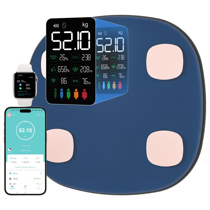 Pèse Personne Impédancemètre, Balance Connectée avec 15 Données compris Fréquence Cardiaque Grand Écran VA pour Android et iOS