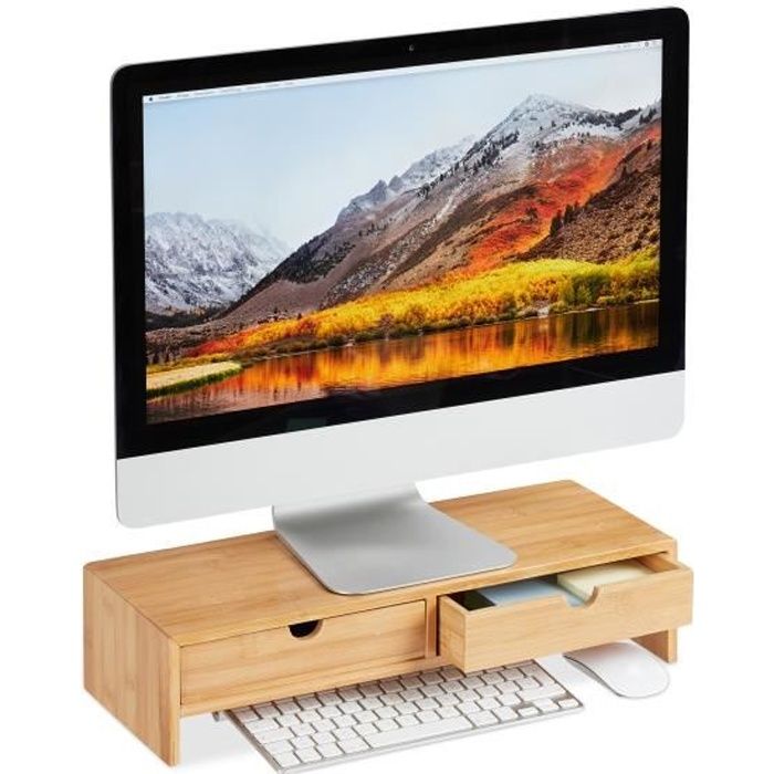 Relaxdays Support pour moniteur en bambou, Rehausseur d’écran 2 tiroirs, bureau et étude HLP, 11,5 x 47 x 18cm, naturel -