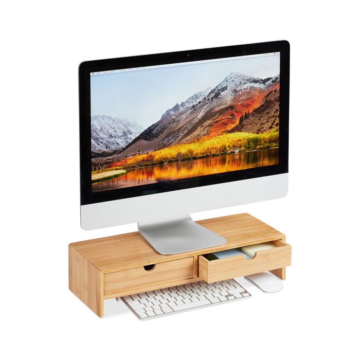 Relaxdays Support pour moniteur en bambou, Rehausseur d’écran 2 tiroirs, bureau et étude HLP, 11,5 x 47 x 18cm, naturel -