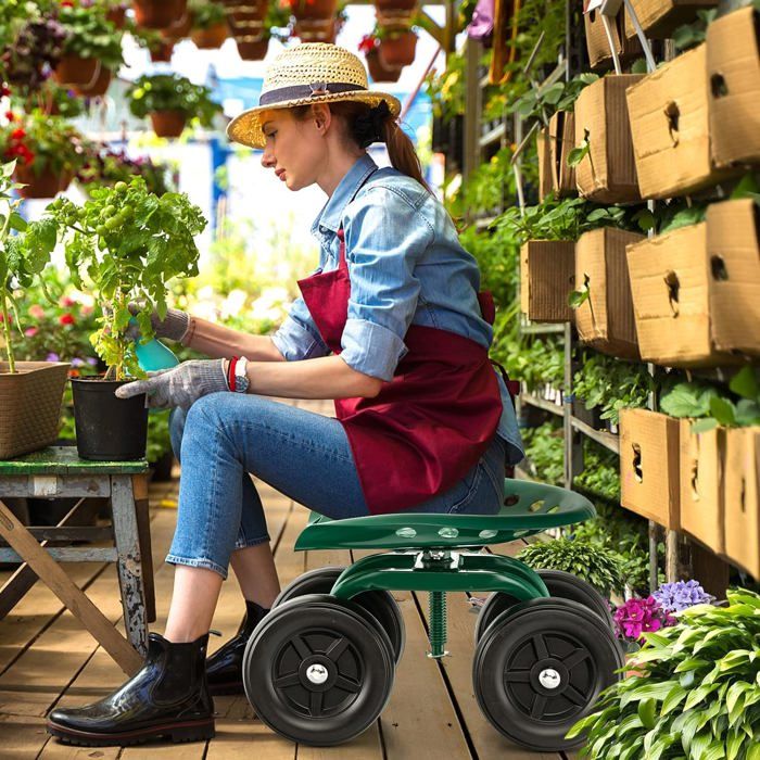 GOPLUS Tabouret de Jardin en Métal avec 4 Roues Siège de Jardin Mobile avec Siège Pivotant Hauteur Réglable Charge 150kg Vert