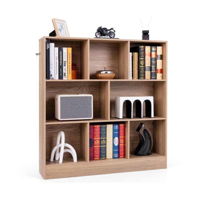 Cube Rangement à 3 Niveaux COSTWAY-8 Compartiments Ouverts-2 Kits Anti-Basculement-Capacité Max 160 KG-100 x 24 x 104 CM-Naturel