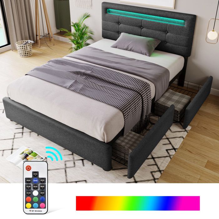 Structure de lit Nouveau matériau écologique cadre de lit avec éclairage LED et 2 tiroirs lit simple rembourré 90x200cm tête de