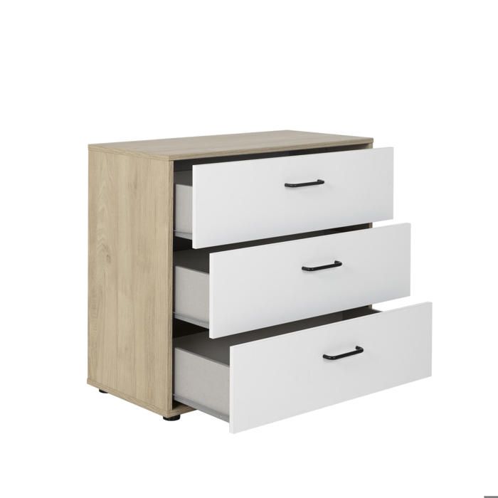 Commode 3 tiroirs effet bois mat blanc/châtaignier - Cdiscount Maison