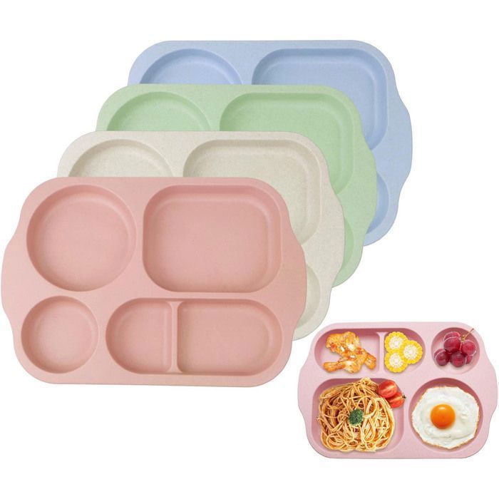 Lot de 4 Assiette Plate 5 Compartimen pour Enfants Adultes - Assiettes Divisées Sans BPA - RéUtilisables - Passe Au Lave-Vaisselle