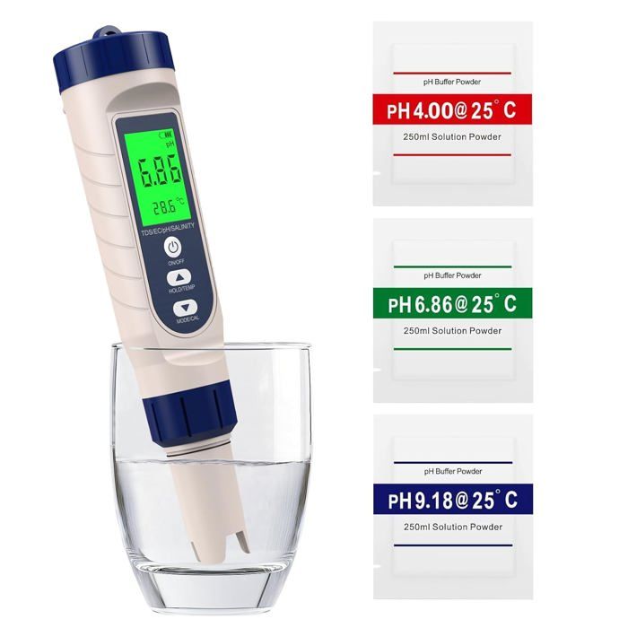 5-en-1pH MetrePHTDS ECSalinitéThermomètreTesteur pH Piscine avec Écran LCD Rétroéclairé et Compensation de la Température
