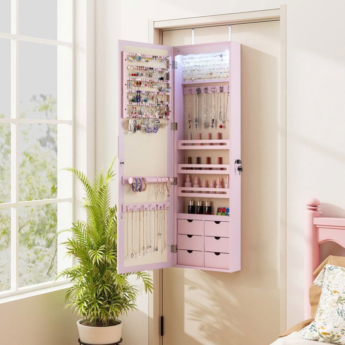Armoire à Bijoux Murale avec Miroir - RELAX4LIFE - 5 Lumières Automatiques - 6 Tiroirs en MDF - 2 Modes dInstallation - Rose
