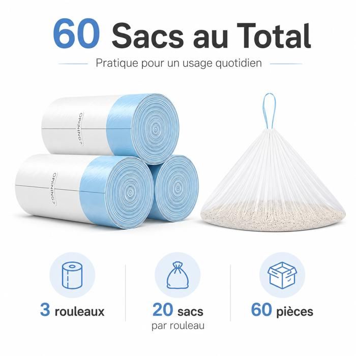 3 Rouleaux de 20 Sacs à Litière pour Chat - Sacs Poubelles Autonettoyants avec Poignée (60 pièces)
