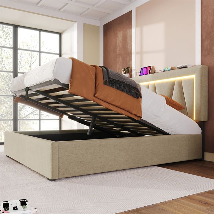 Lit coffre rembourré 160x200 beige - sommier inclus tête réglable LED & USB-C lin capacité 360 kg