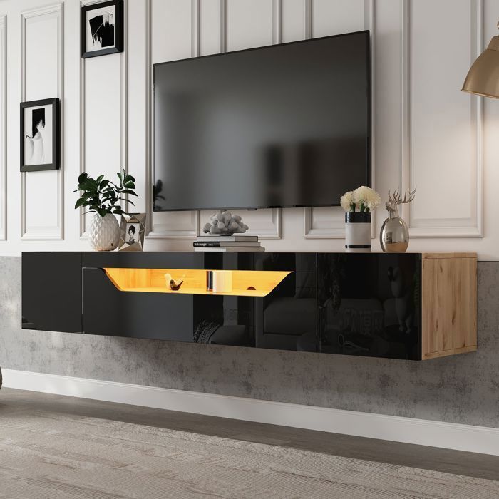 Meuble TV - SOGEU - 180 x 37 x 36 cm - Mural suspendu - LED - Noir et bois