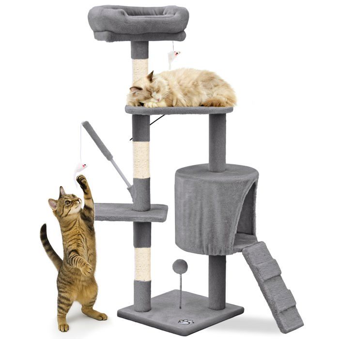 VOUNOT® Arbre à chat 112cm multi niveaux gris - avec griffoir niche jouet et plateforme - arbre à grimper