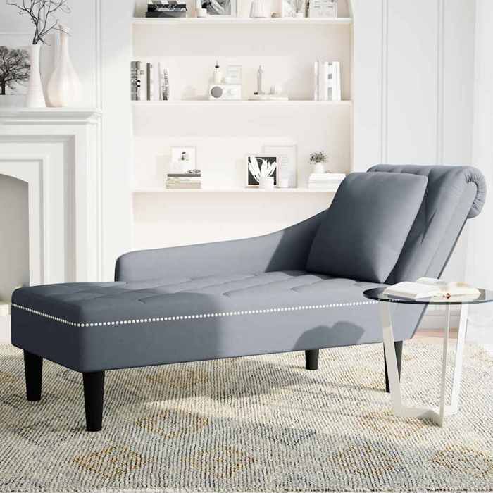 Fauteuil long en velours - vidaXL - Gris foncé - 145x56x70 cm - Accoudoir droit - Coussin inclus - Capitonnage à boutons