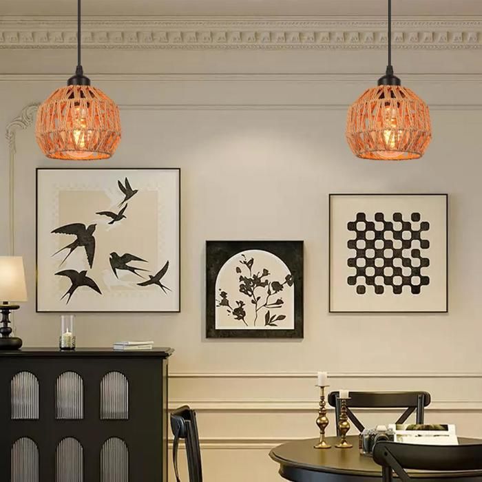 WOTTES Lot de 2 Suspensions Luminaires Vintage Lustre Industriel en Rotin Marron et Métal Noir Ø16cm Abat-jour Éclairage Cuisine