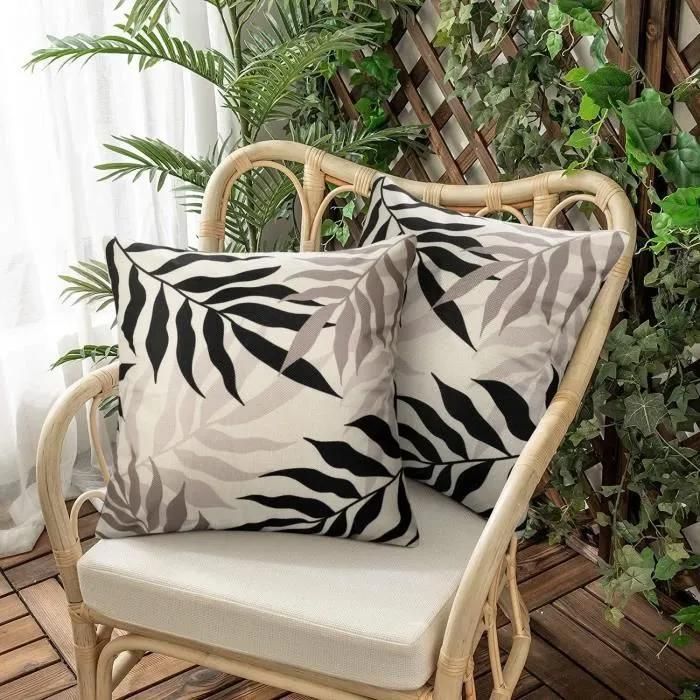 2 Taie doreiller Extérieure Imperméable en Lin Motif Feuille Doux avec Surface Hydrofugfe Housse de Coussin de Jardin Décoratif