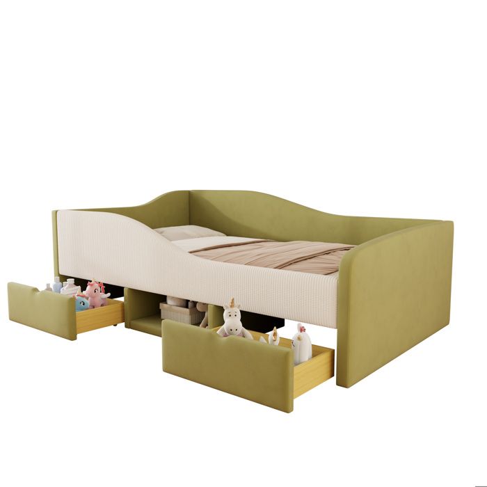Lit enfant multifonction 90 x 190 cm EVRYAE avec 2 tiroirs et rangements velours vert fonce et blanc creme