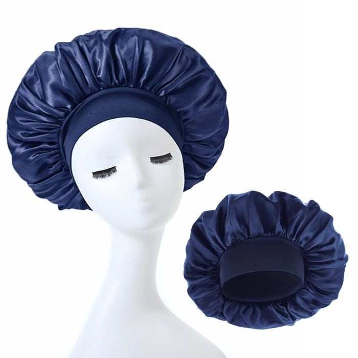 Bonnet en Soie Satin Bleu Marine Bande Élastique Réglable Doux Confortable Dormir Homme Femme Accessoire Cuneary