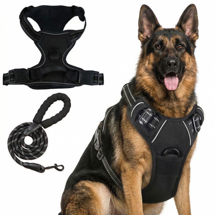 Comparer les prix de Laisse réfléchissante anti - Traction pour chien avec harnais intégré type gilet polyester noir taille L