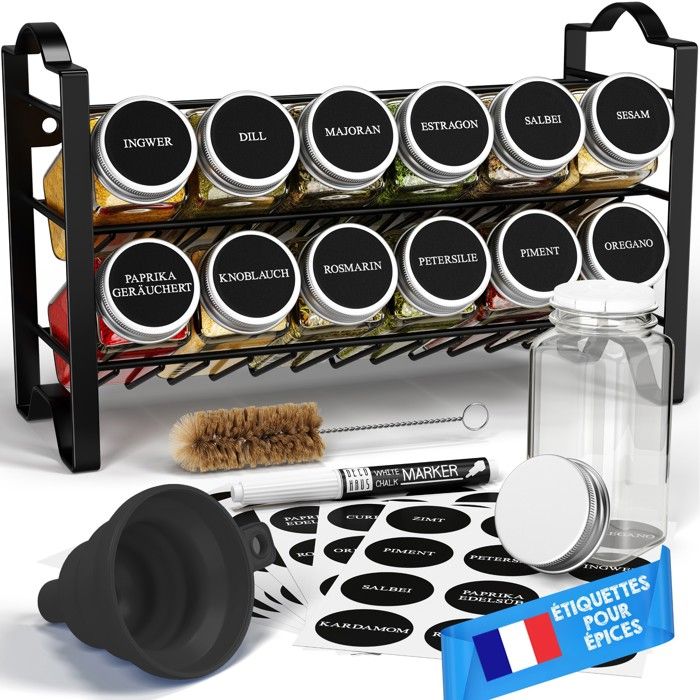 Étagère à épices - DECO HAUS - Lot 12 bocaux - Aluminium - Livré monté - Étiquettes & accessoires