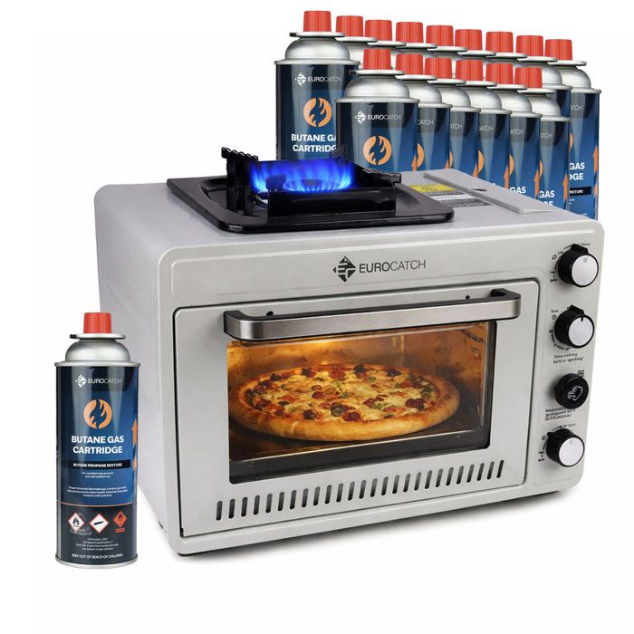 Four à gaz portable Eurocatch – Camping avec brûleur – 21 kW – Allumage électronique – Extérieur & maison – Inclus 16 cartouches