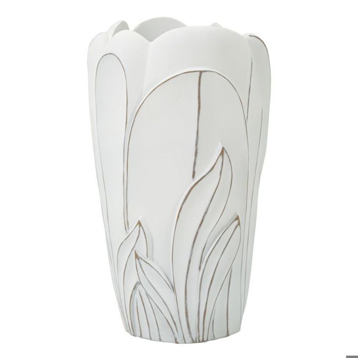 Vase Gardy moyen en résine blanche avec feuilles en relief - Réf. VK8681847409090