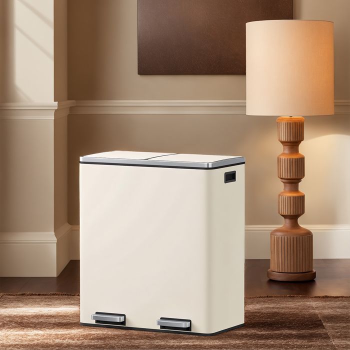Poubelle de 60 L avec 2 Compartiments Seaux Intérieurs Amovibles Pédales Cuisine Sacs Inclus Blanc
