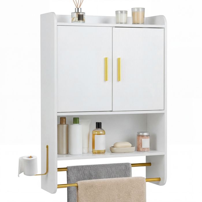 COSTWAY Armoire Murale Salle de Bain avec 2 Portes Étagères Réglable et Amovible 2 Porte-Serviettes Crochet 55x20x80 cm Blanc