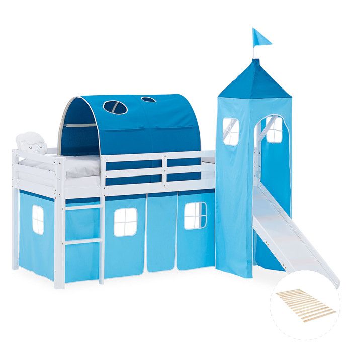 Lit mezzanine enfant 90x200 cm Blanc avec rideau Bleu Toboggan Tour Tunnel avec sommier