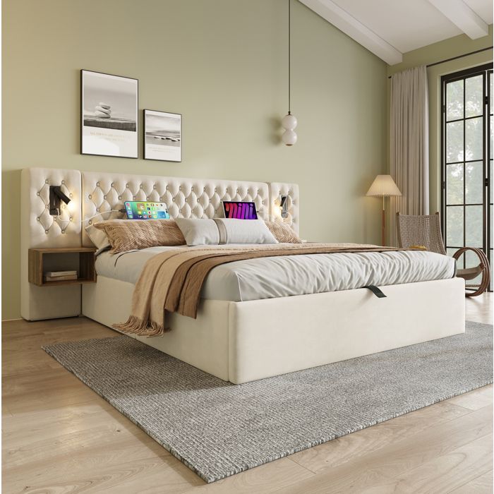 ULEVR Lit coffre hydraulique 160 x 200 cm beige en velours avec tête de lit capitonnée liseuses USB/Type-C 2 chevets