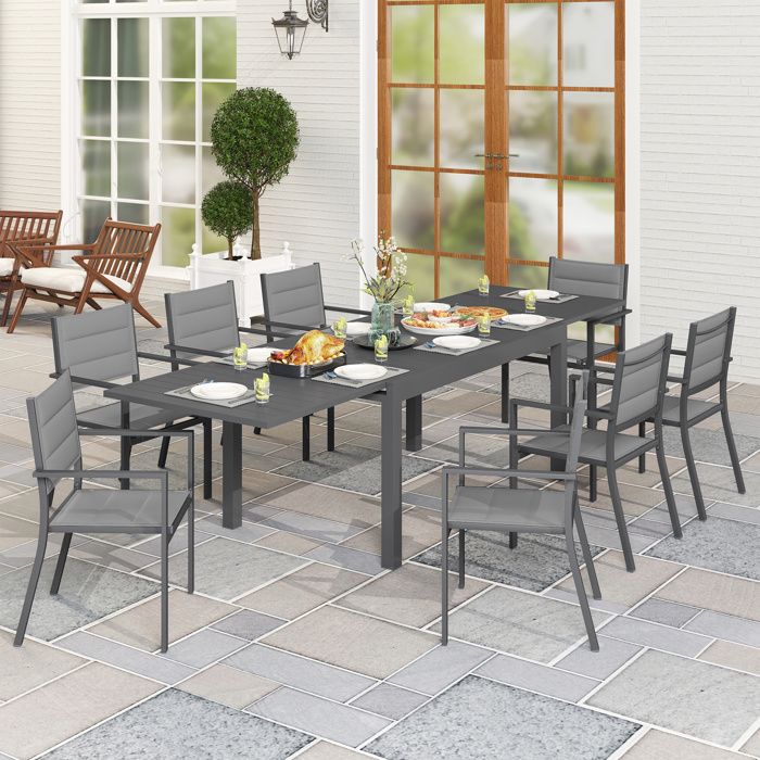 MOTHINESSTO1451-Salon de jardin table extensible 135-270 cm en aluminium et textilène 6/10 personnes 8 chaises empilables gris