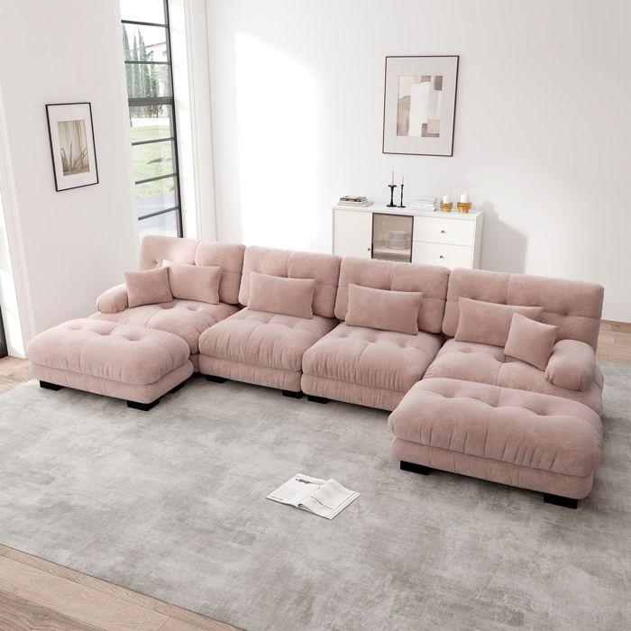Canapé dangle modulable 4 places canapé panoramique U ou L assise profonde avec 2 poufs mobiles pour salon - chenille - rose