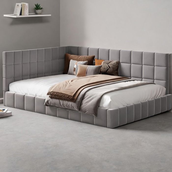 Pour chambre lit canapé multifonctionnel rembourré velours soft gray 140x200 design Mid-Century classique