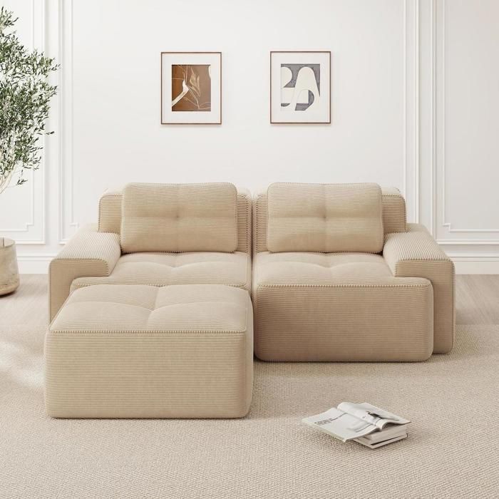 Canapé dangle modulaire convertible - KOMHTOM - L 2 places - Velours côtelé - Ottoman - Beige Canapé dangle modulaire convertible - KOMHTOM - L 2 places - Velours côtelé - Ottoman - Beige
