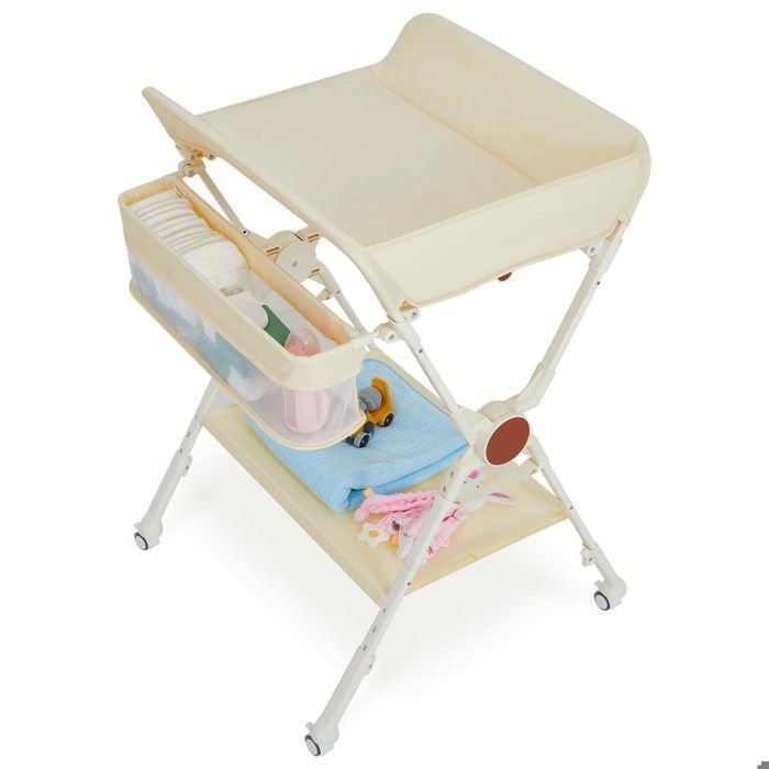 Table à langer pliable 73x70x106 5 cm à roulettes hauteur réglable 3 niveaux étagère rangement + barre Oxford beige