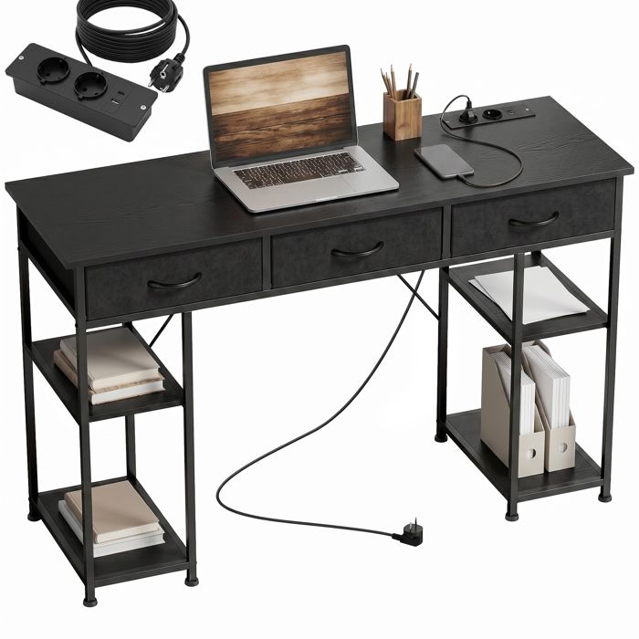 Bureau avec rangement - HOMCOM - prises de courant 3 tiroirs en tissu et 4 étagères de rangement - 120 x 40 x 76 cm - noir