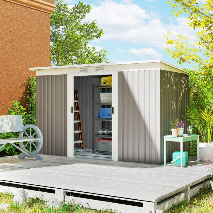 Abri de jardin extérieur 32 m² 280 x 130 x 172 cm gris clair portes coulissantes et aérations