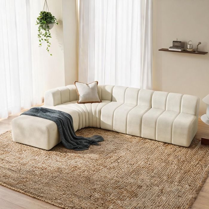 Canapé dangle convertible 4 places en chenille beige-toné – modules amovibles sans dossier faisant office de table basse