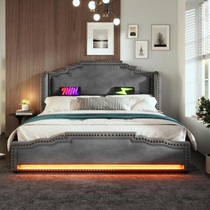 Lit - KOMHTOM - 180x200 cm - Coffre 4 tiroirs - LED intégrée - Velours gris Lit - KOMHTOM - 180x200 cm - Coffre 4 tiroirs - LED intégrée - Velours gris