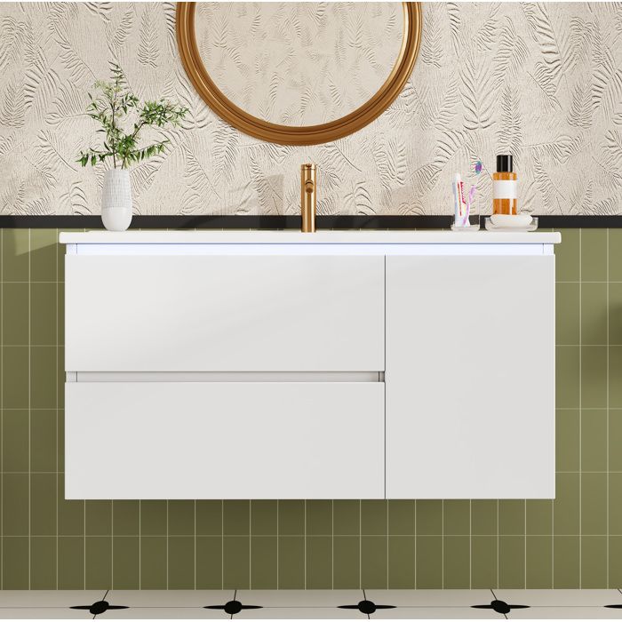 Meuble sous vasque suspendu 2 Tiroirs 1 Porte Vasque en Céramique et LED - BEAUNIV - Laqué Blanc Salle de Bain 915×465×505 cm