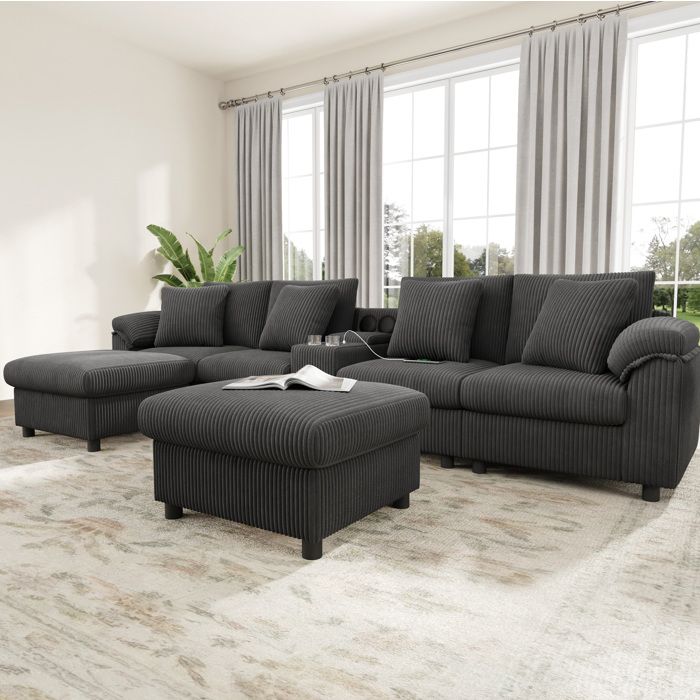 Canapé modulable AESVAR en U ou L avec console Bluetooth 6 places tissu côtelé gris
