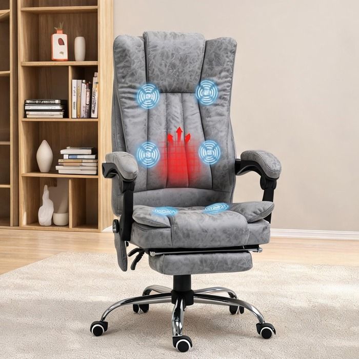 Fauteuil massant chauffant 6 points avec repose-pied rétractable simili cuir gris