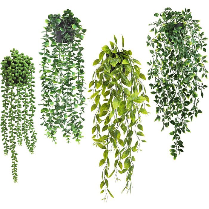 4 Pièces Plante Artificielle Tombante Avec Pot Fausse Plante Verte Suspendue Pour Décoration Intérieur