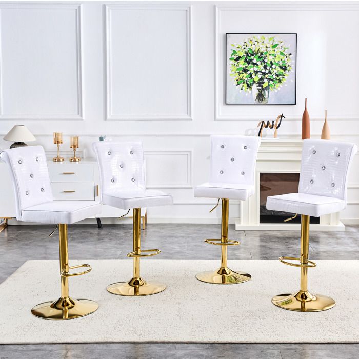 ELVORIN Lot de 4 chaises de bar réglables blanches PVC métal vintage strass