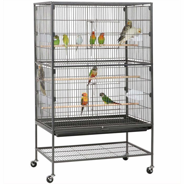 Cage oiseaux grande sur roulettes - 79x52x132 cm métal noir étagère et plateau coulissant intégrés