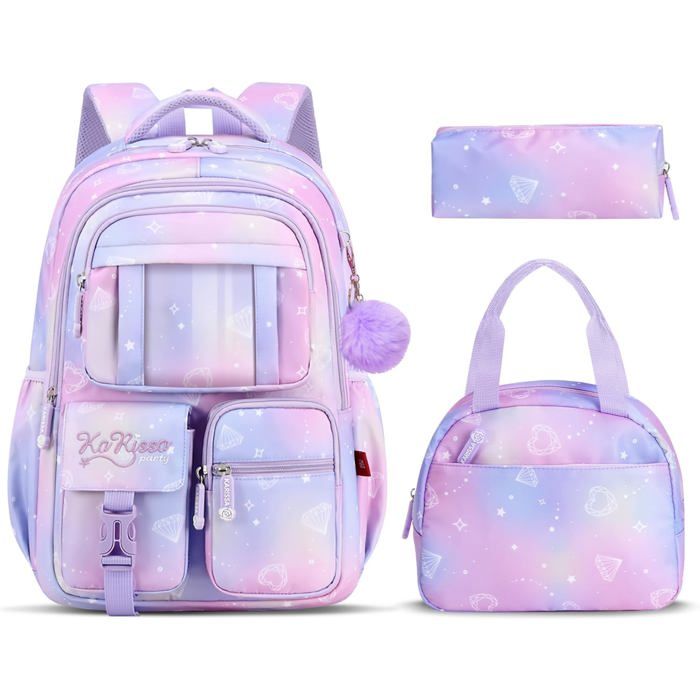 Ensemble de cartable violet - 3 pièces - Nylon - Fermeture éclair - 7 compartiments