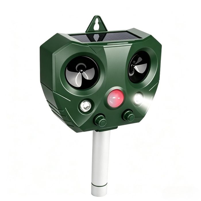 Répulsif solaire ultrasons + flash IR 1000m² anti-oiseaux/rongeurs IP44 étanche compact silencieux 2027