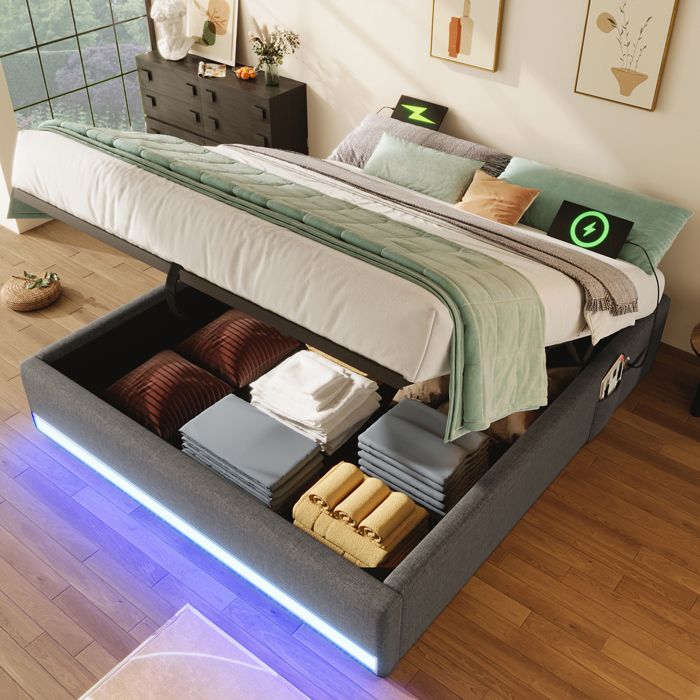 Lit double rembourré 140x200 cm en lin coloris gris ports USB éclairage LED tête de lit coffre relevable sans matelas