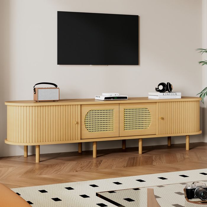 Meuble TV ovale 180 × 40 × 40 cm couleur bois clair deux éléments en osier deux portes coulissantes MDF