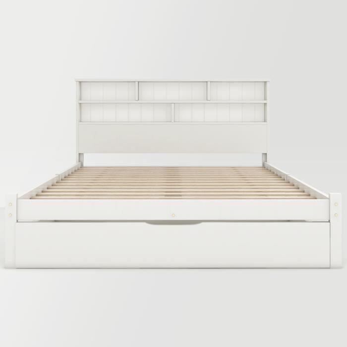 lit double en bois massif avec tiroirs et sommier à lattes, étagère pour ados et adultes, 140x200 cm blanc, sans matelas