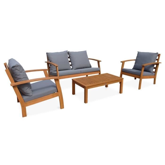 Salon De Jardin En Bois 4 Places Ushuaia Coussins Gris Canape