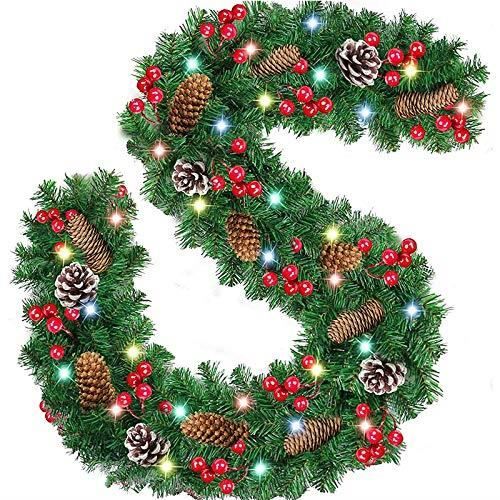 Guirlande Sapin De Noël Artificielle 270 Cm - Avec Pommes De Pin, Fruits Rouges Et Guirlande LED - Décoration Intérieure/extérieure