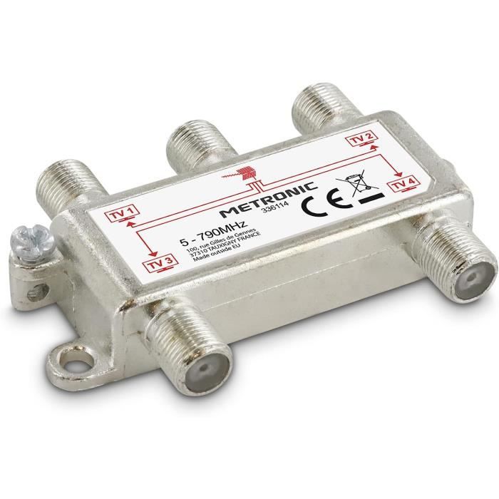 Répartiteur TV Antenne TNT 4 Sorties Métal - Splitter Pour 4 Téléviseurs - Fiches F Blindées